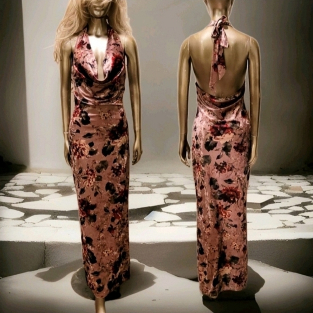NWT Elegant Blush Floral Velvet Draped Neck Bodycon Day Maxi Dress Sz M - Picture 15 of 16